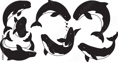 Black Solid Beluga Whale Play Silhouettes Set of Six on White Background