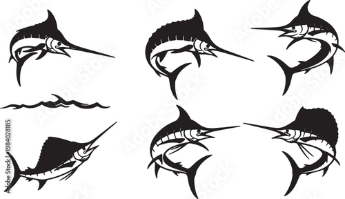 Black Solid Swordfish and Marlin Silhouettes Set of Six on White Background