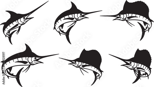 Black Solid Swordfish and Marlin Silhouettes Set of Six on White Background