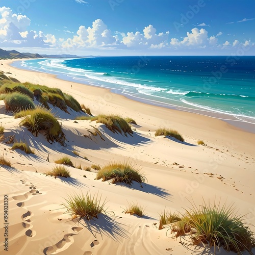 A serene beach scene with footprints in the sand