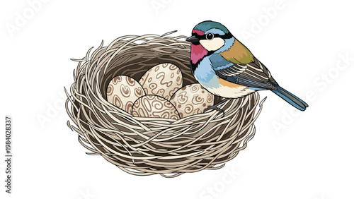 Bird Nest with Decorated Eggs and Bird, Spring Nesting Season, Easter Holiday Theme