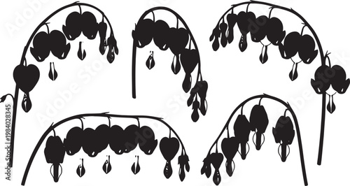 Black Solid Bleeding Heart Flower Silhouettes Set of Six