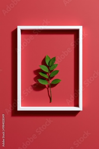 Minimalist composition featuring a single green leafy branch within white rectangular frame, vivid red background creating striking contrast of natural beauty and modern geometric design.