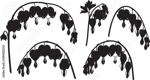 Black Solid Bleeding Heart Flower Silhouettes Set of Six