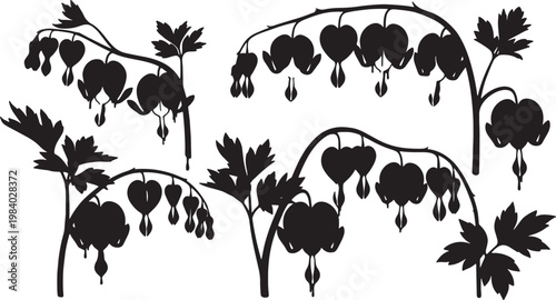 Black Solid Bleeding Heart Flower Silhouettes Set of Six