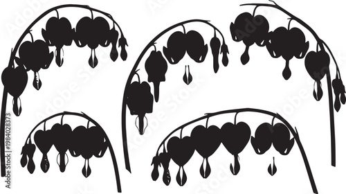 Black Solid Bleeding Heart Flower Silhouettes Set of Six
