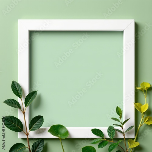Minimalist white square frame centered on light green background, surrounded by decorative foliage, contrasting vivid natural leaves with clean design for modern botanical decor.
