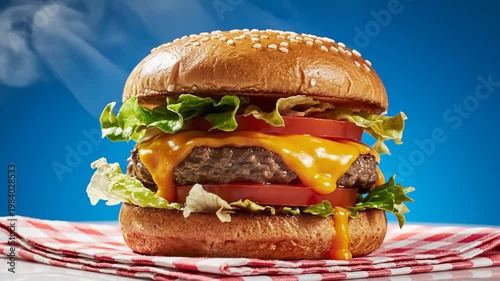 Juicy Cheeseburger With Melted Cheese and Fresh Lettuce on a Sesame Seed Bun, Studio Shot
