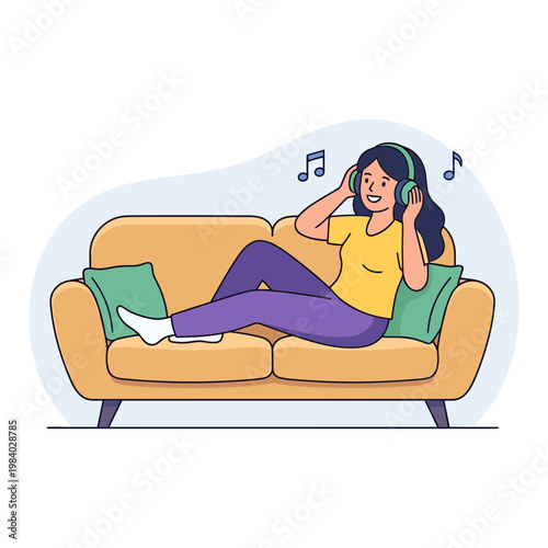 Woman relaxing on couch listening to music with headphones