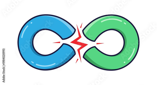 broken infinity symbol blue and green halves split by a red lightning bolt illustrating conflict disruption and separation.