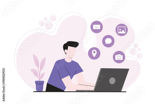 Modern flat illustration of a man working on a laptop surrounded by social media and digital communication icons. Concept of online connectivity, digital marketing, remote work and internet technolog