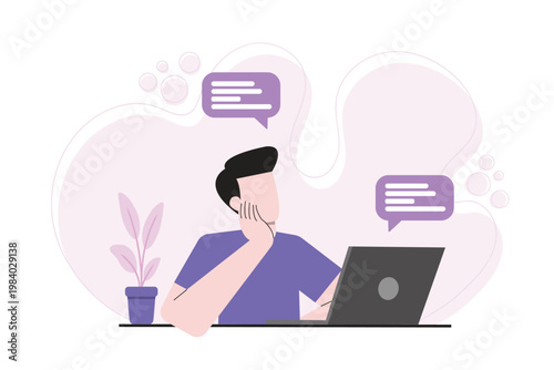 Flat illustration of a man thinking while using a laptop with chat bubbles around him. Concept of communication, brainstorming, problem solving, messaging and online conversation.