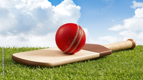 A red cricket ball resting on a wooden stump under a clear sky
