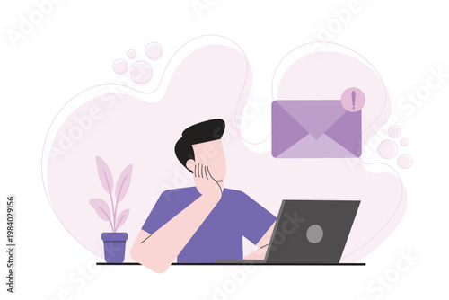 Flat illustration of a man using a laptop with a warning email notification icon. Concept of email error, spam, security alert, failed message and online issues.