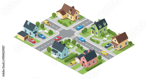 Isometric View of Suburban Neighborhood with Houses and Cars.