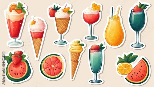 playful sticker sheet of colorful summer treats and drinks with ice cream cones, fruity cocktails, watermelon and citrus slices, strawberries and refreshing cheerful vibe