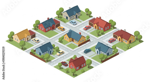 Isometric View of Suburban Neighborhood with Houses and Streets.