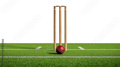 Cricket ball positioned in front of the stumps on a green pitch