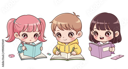 Children reading books with happy faces.