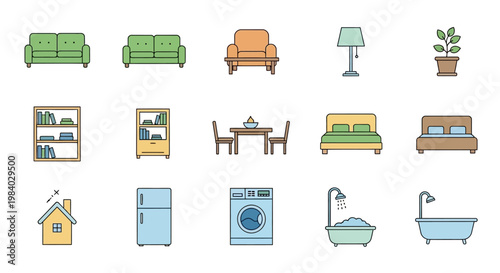 Colorful home furniture and appliances icons.