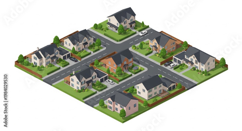 Isometric View of Suburban Neighborhood with Houses and Streets.
