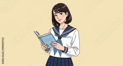 Japanese Schoolgirl Reading a Book in Uniform.