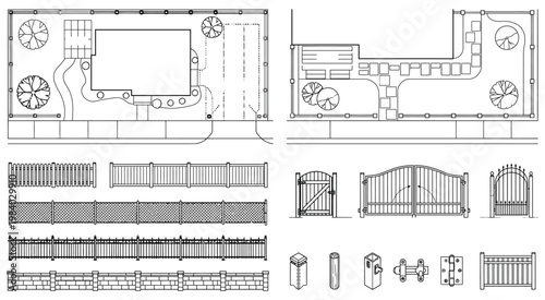 A comprehensive architectural site plan featuring detailed fence designs, gate structures, and spatial layouts. Rendered in a clean technical style, this image is perfect for engineering documentation