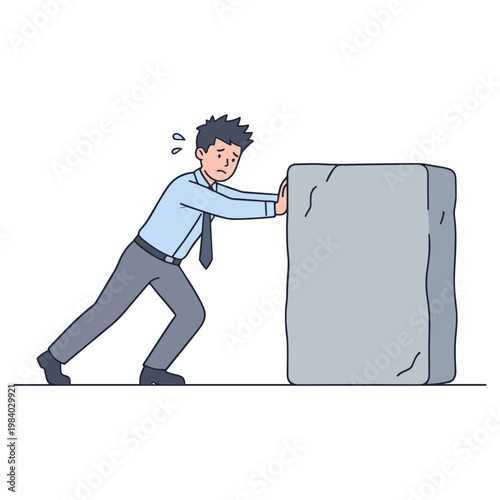 A stressed businessman struggles to push a large gray boulder uphill.