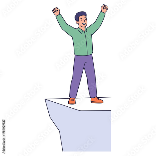 Man standing on cliff edge with arms raised in celebration outdoors