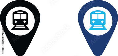 Public transport location icon showing professional train station navigation and railway transit map pointer. Professional illustration for city travel guides, and metropolitan commuter apps.