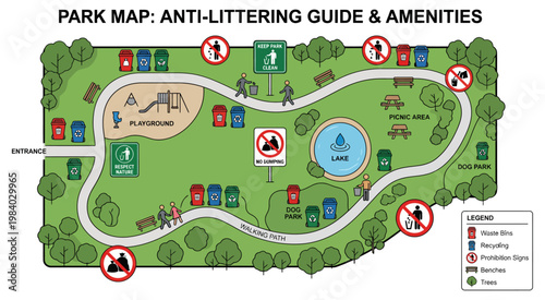 A colorful park map with labeled areas, pathways, and guidelines for visitor navigation. Ideal for tourism, urban planning, and recreational design projects.