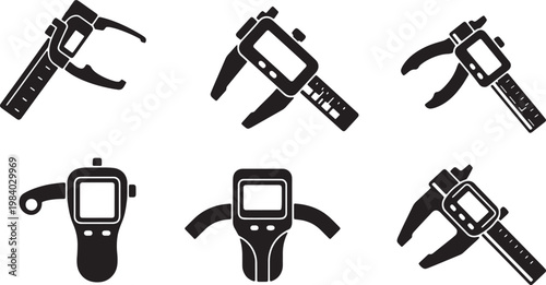 Black Solid Body Fat Caliper Silhouettes Set of Six on White Background