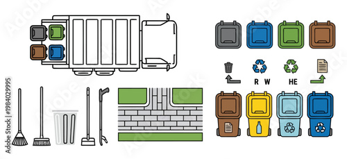 A top-down set of waste management and truck system elements including bins and collection vehicles. Ideal for logistics, recycling systems, and urban infrastructure.