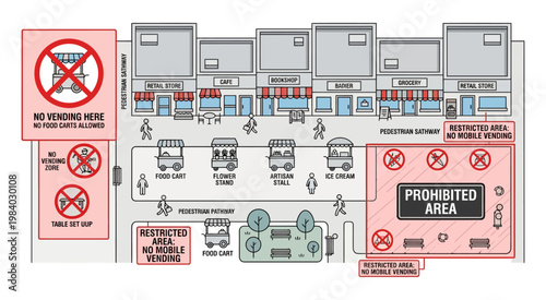 An office layout with prohibition symbols indicating restricted zones and safety rules within indoor environments.