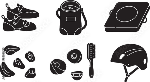 Black Solid Bouldering Equipment Silhouettes Set of Six on White Background