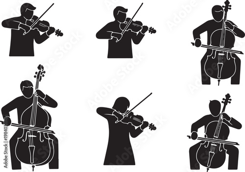 Black Solid Bowed Strings Silhouettes Set of Six on White Background