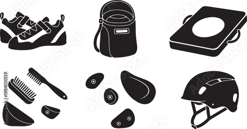 Black Solid Bouldering Equipment Silhouettes Set of Six on White Background