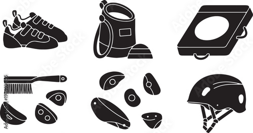 Black Solid Bouldering Equipment Silhouettes Set of Six on White Background
