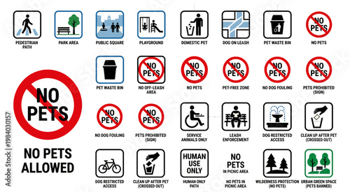 A modern icon set representing public rules and restrictions such as no pets, accessibility, and safety guidelines.