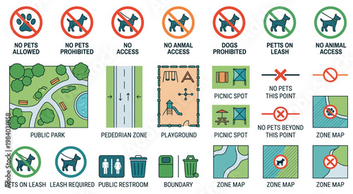 A park map showing activity zones, pathways, and rules for visitors in a structured and colorful layout.