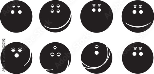 Black Solid Bowling Balls Silhouettes Set of Six on White Background