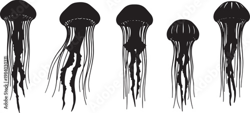Black Solid Box Jellyfish Silhouettes Set of Six on White Background