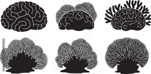 Black Solid Coral Landscape Silhouettes Set of Six on White Background