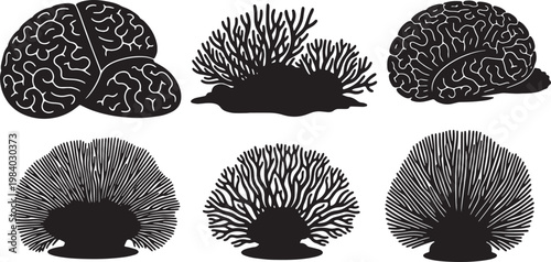 Black Solid Coral Landscape Silhouettes Set of Six on White Background