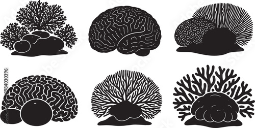 Black Solid Coral Landscape Silhouettes Set of Six on White Background