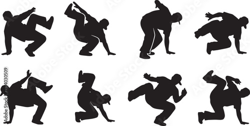 Black Solid Breakdance Footwork Silhouettes Set of Six on White Background