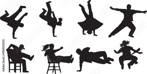 Black Solid Breakdance Power Moves Silhouettes Set of Six on White Background