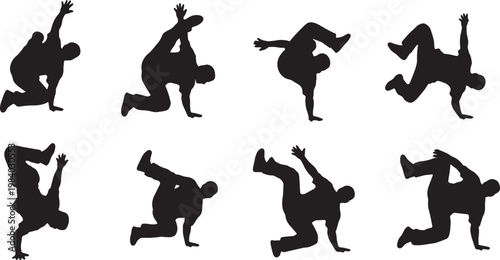 Black Solid Breakdancer Intense Focus Freeze Silhouettes Set of Six on White Background