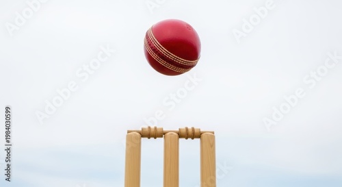A cricket ball suspended in mid-air near the stumps during a game