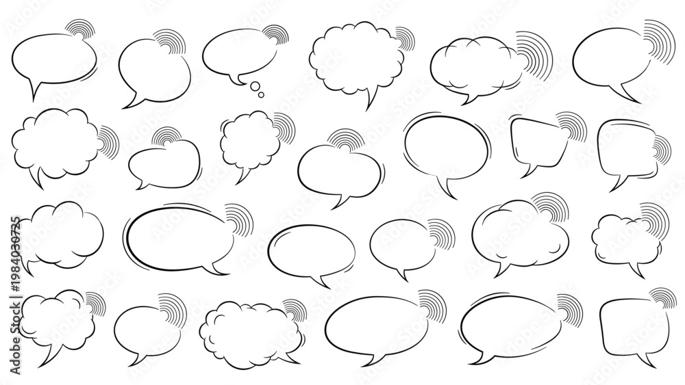 Fototapeta premium Collection of blank hand drawn speech bubbles with radio wave signal icons representing communication and broadcasting.